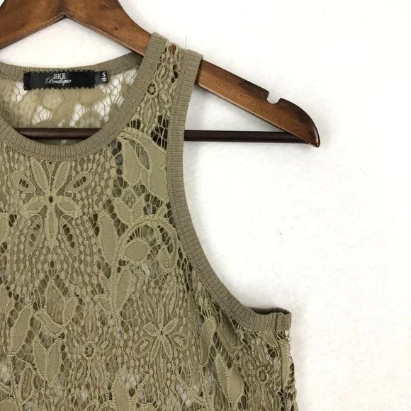 BKE Boutique Women's Size Small Olive Green Brown Eyelash Lace Scoop Tank Top - Picture 3 of 9